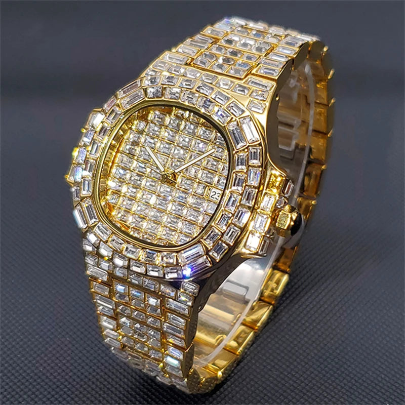 Luxury 18K Gold Men's Watches Hip Hop Style Full Diamond Quartz Wristwatch Punk Ice Out Jewelry Bracelet Clock Relógio masculino