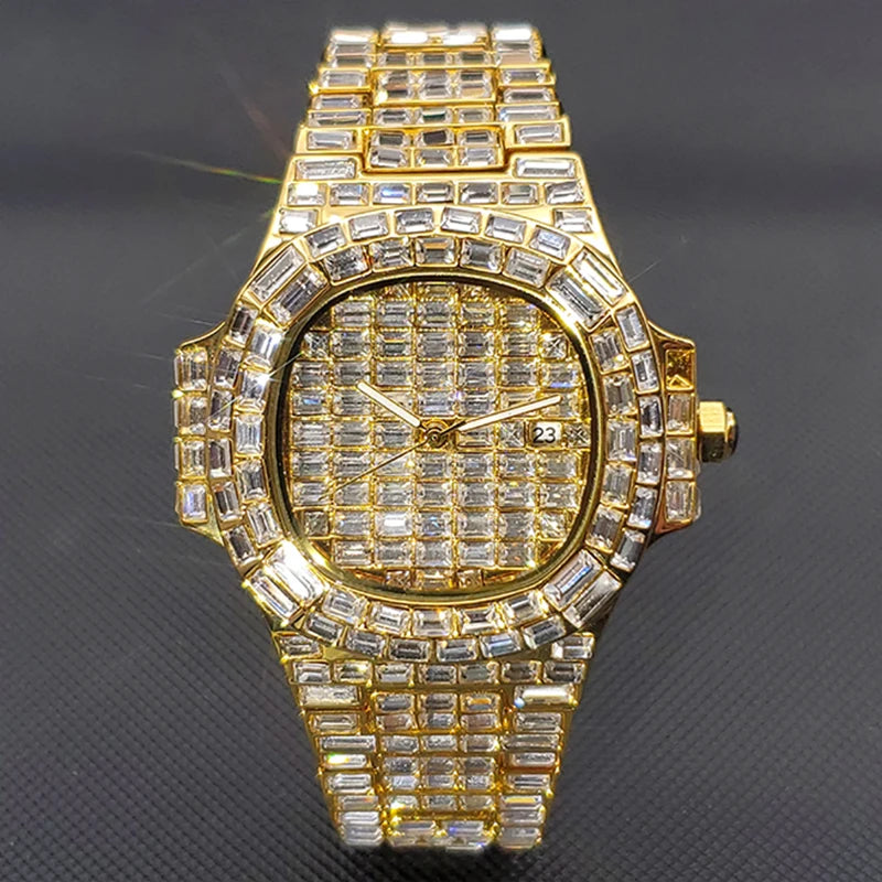 Luxury 18K Gold Men's Watches Hip Hop Style Full Diamond Quartz Wristwatch Punk Ice Out Jewelry Bracelet Clock Relógio masculino