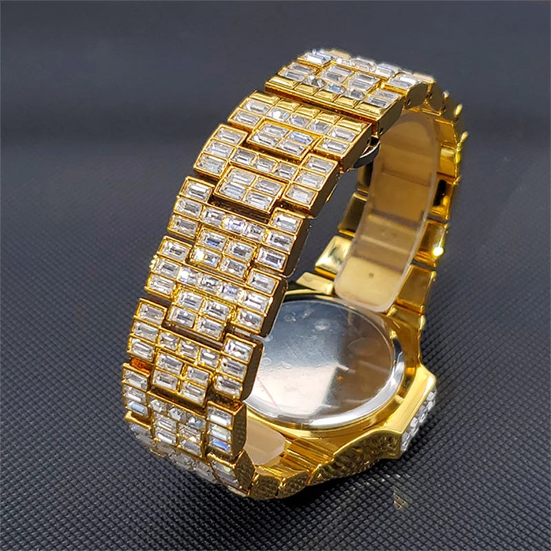 Luxury 18K Gold Men's Watches Hip Hop Style Full Diamond Quartz Wristwatch Punk Ice Out Jewelry Bracelet Clock Relógio masculino